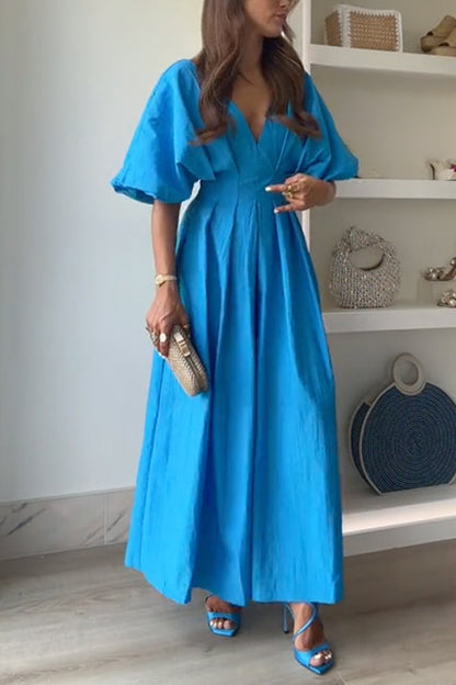 V Neck High Waist Ruched Swing Maxi Dress