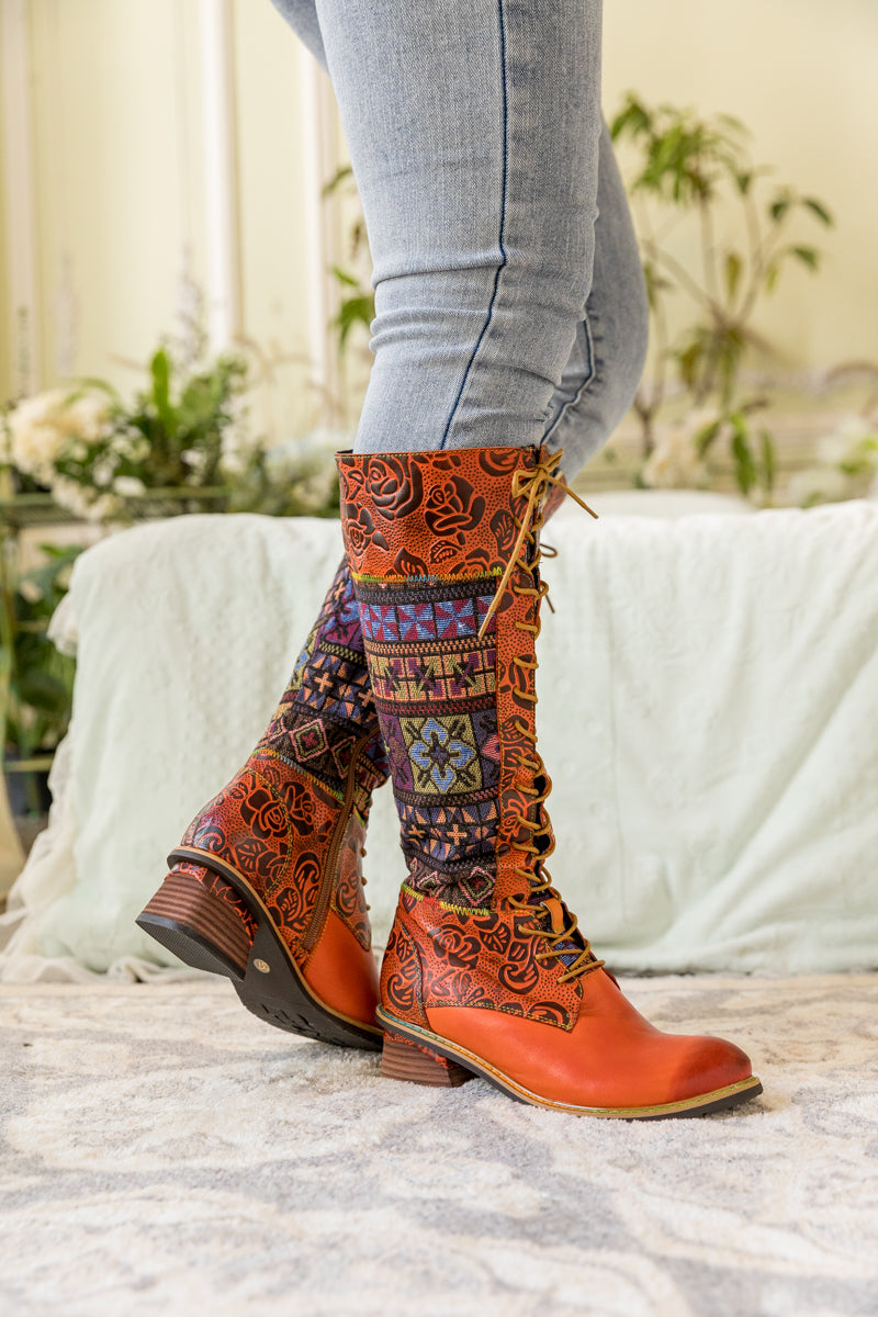 Soffia | Geometry Patchwork Embossed Leather Knee High Boot