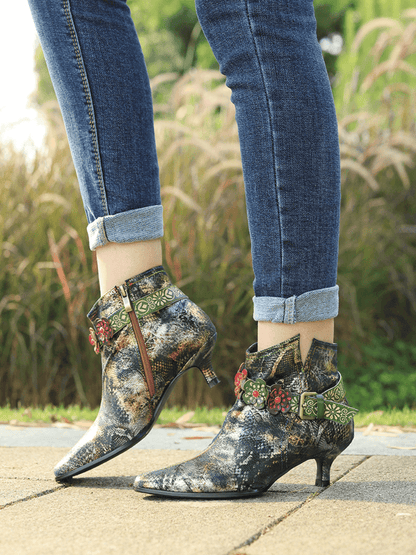 Soffia | Snake Pattern Embossed Green Leather Kitten Heel Ankle Boot