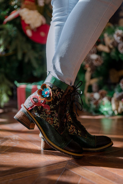 Soffia | Appliqued Lace Up Leather Ankle Boot