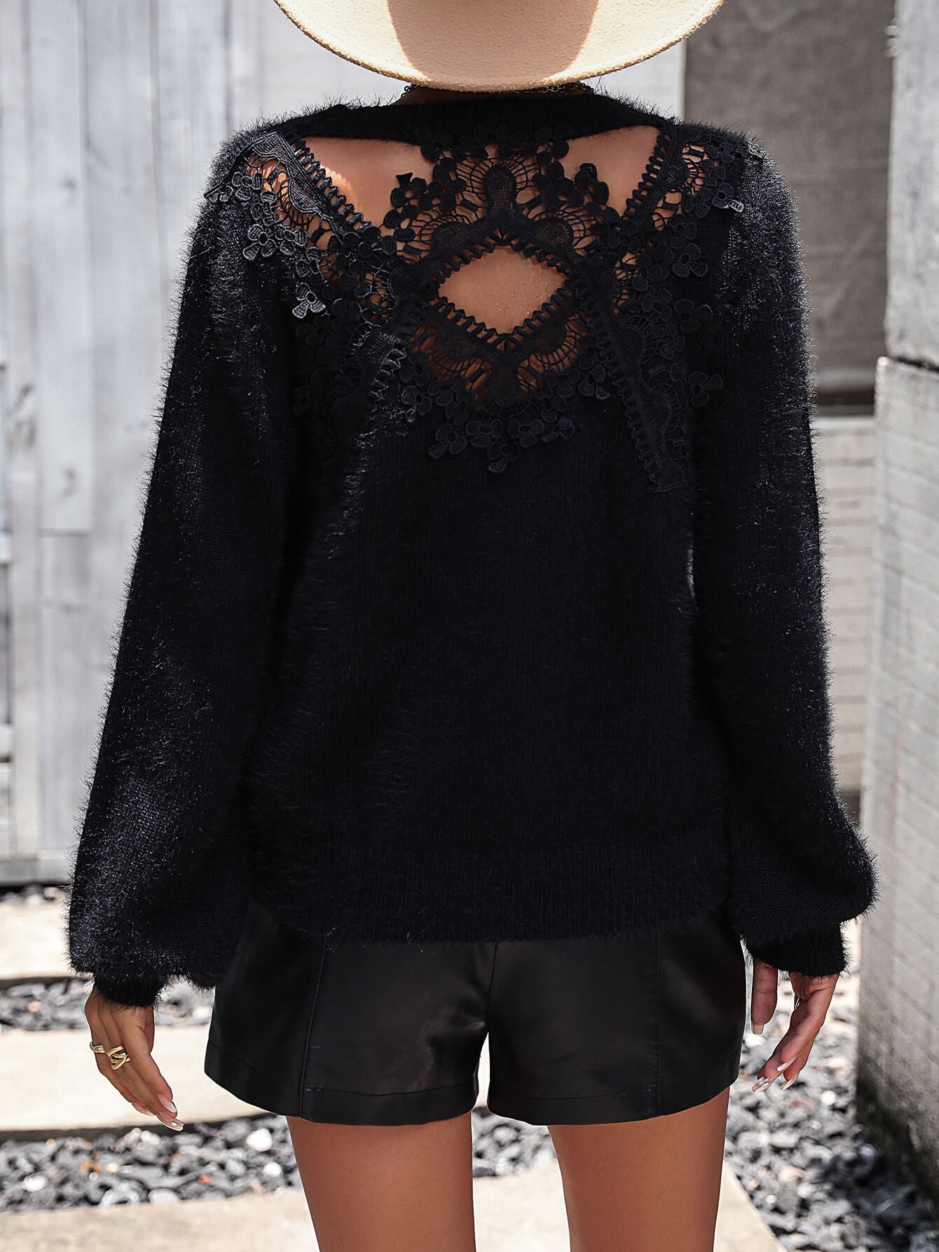 Petals Lace Pullover Sweater - Black