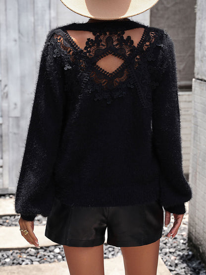 Petals Lace Pullover Sweater - Black
