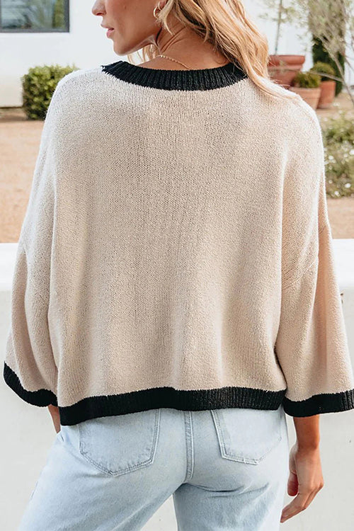 Crewneck Drop Shoulder Color Block Knit Sweater