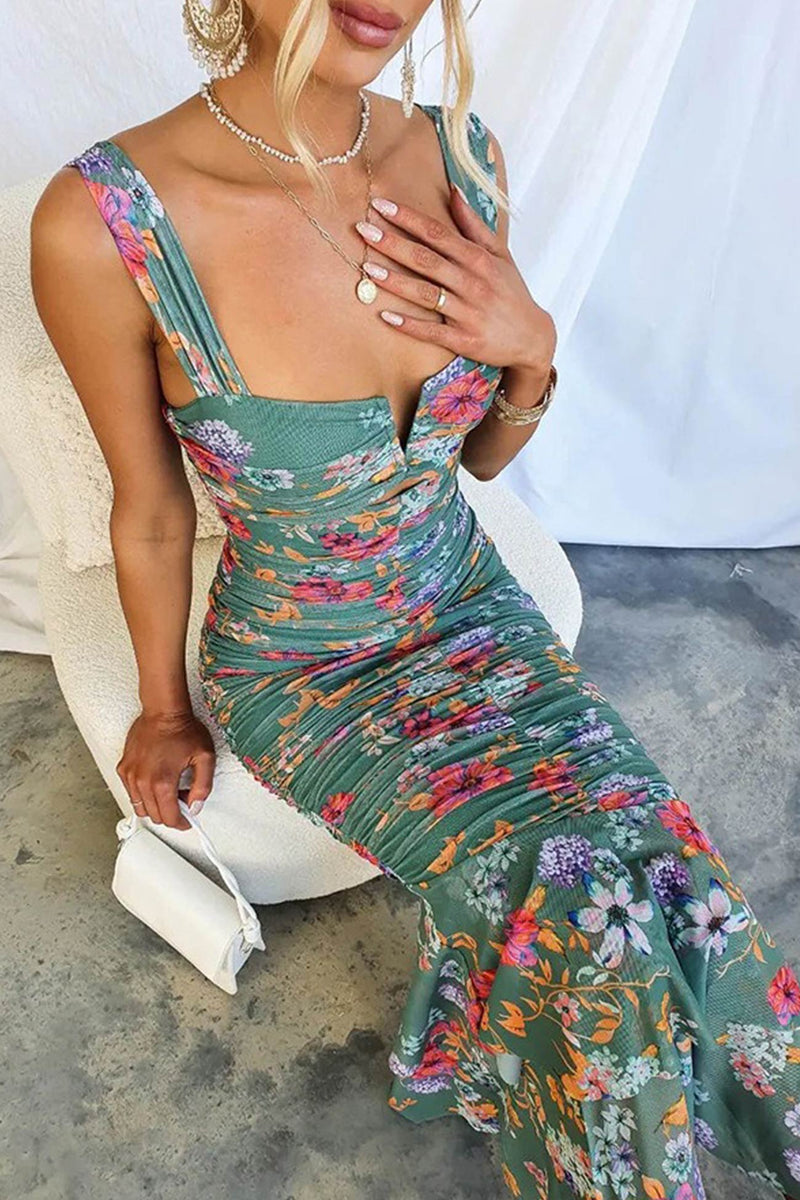 Print Ruched Fishtail Dress