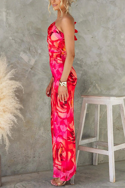 Moxidress Ruffle One Shoulder Print Bodycon Maxi Dress