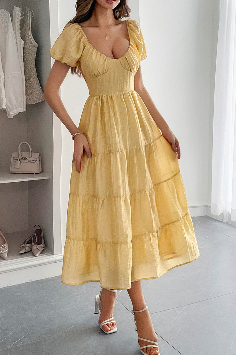 Low Cut Puff Sleeve Backless Tiered Dress