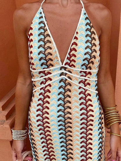 Halter V Neck Backless Pattern Knit Slim-fit Vacation Maxi Dresses-beige