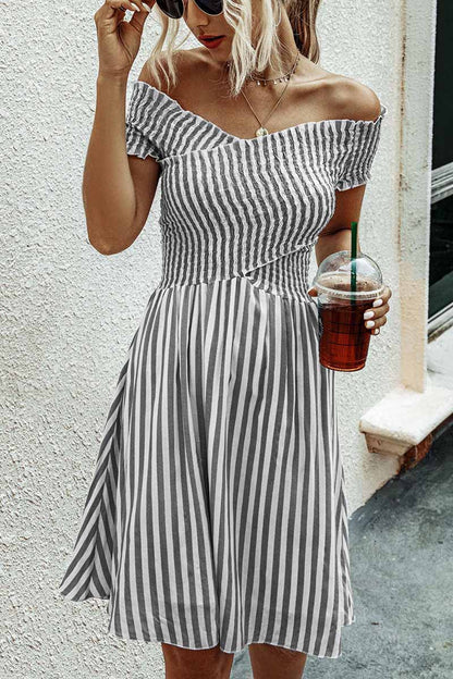 Stripe Off Shoulder Short Sleeve Short Dress