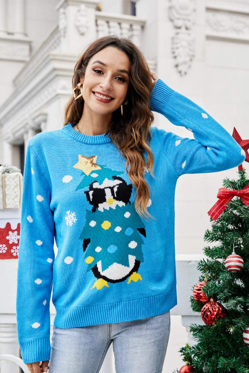 Round Neck Penguin Embroidery Knit Sweater