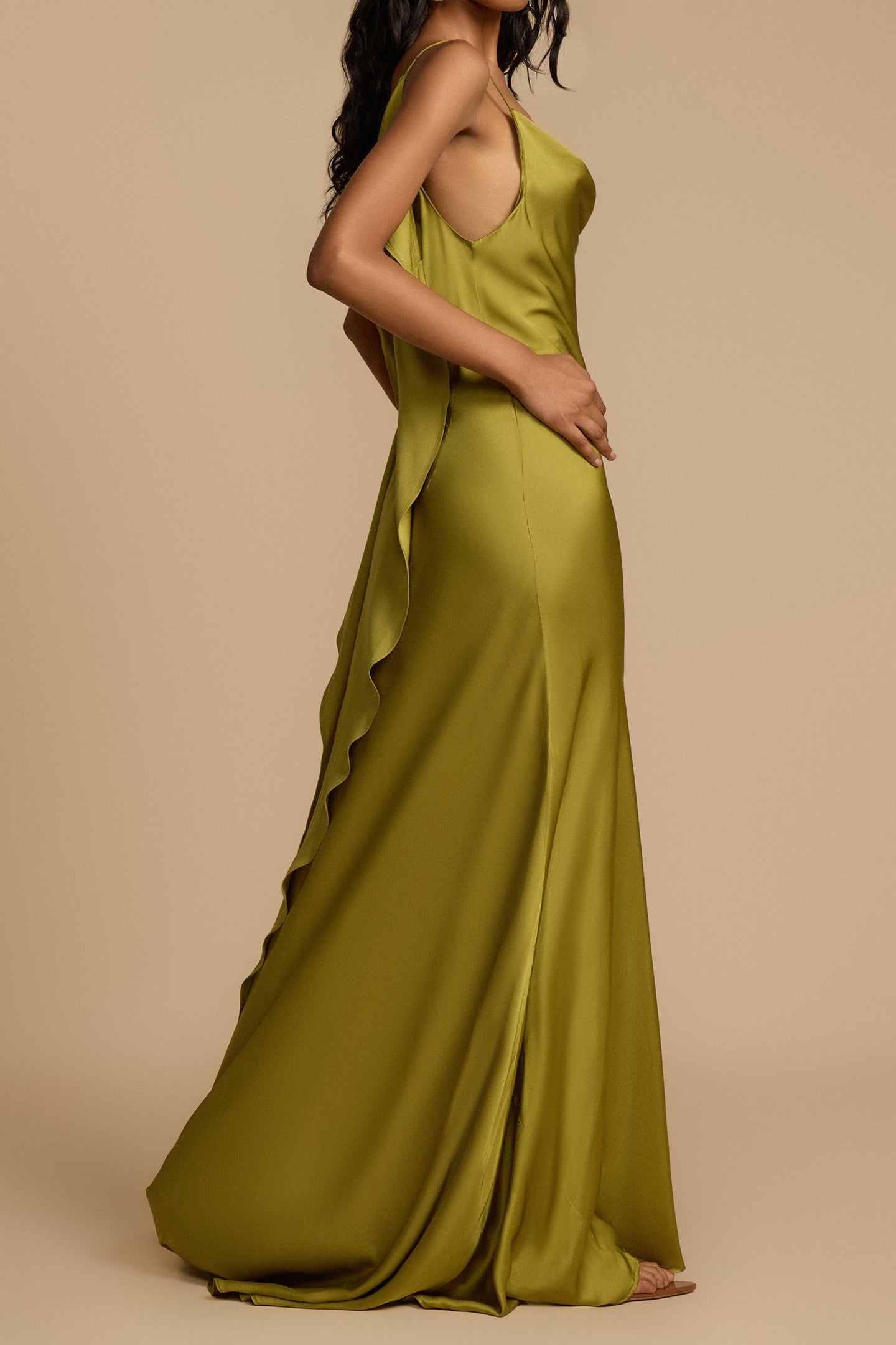 Paula Backless Ruffle Detail Satin Maxi Dress