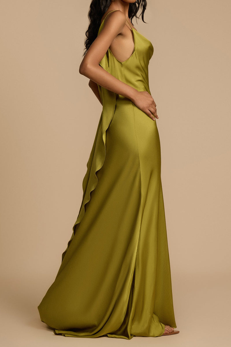 Paula Backless Ruffle Detail Satin Maxi Dress