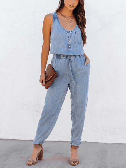 Courtney Pocketed Sleeveless Denim Jumpsuit - Blue