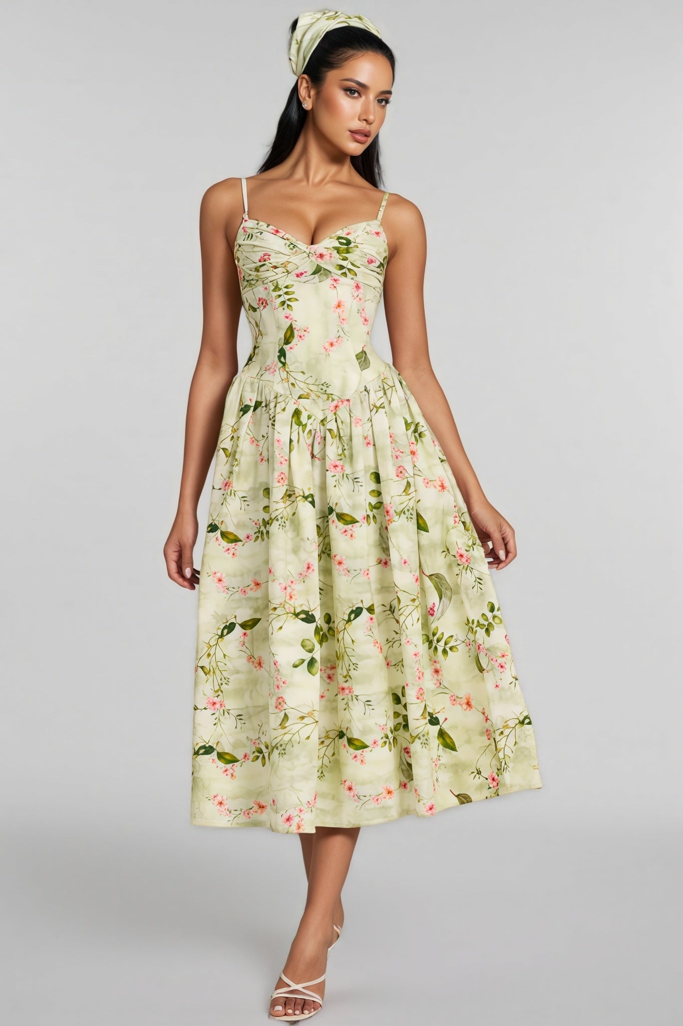 Raleign Green Print Ruched Midi Dress