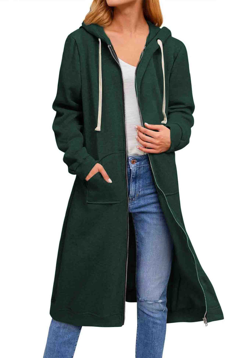 Zip Up Drawstring Hooded Long Cardigan