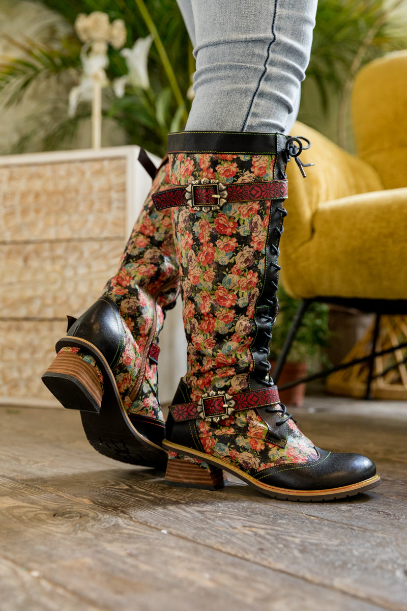 Soffia | Blooming Tie-accent Leather Knee High Boot