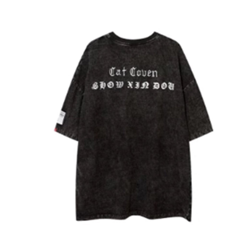 Punk Dull Sandstorm Design Cat Print Short Sleeve T-shirt