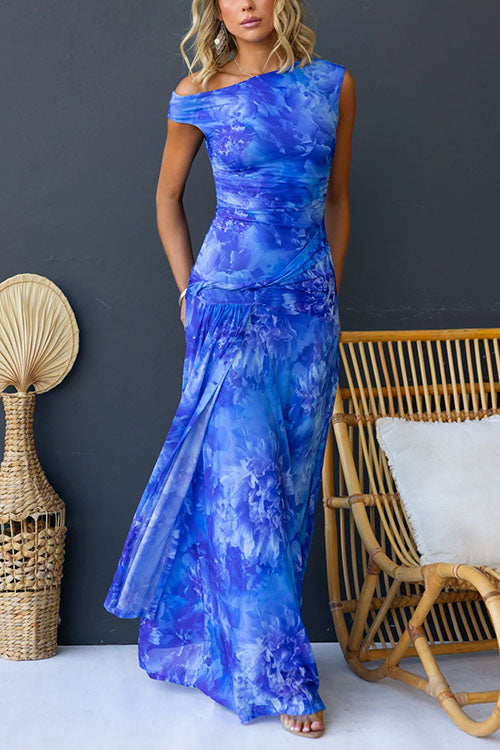 Asymmetric Shoulder Ruched Waist Print Maxi Dress