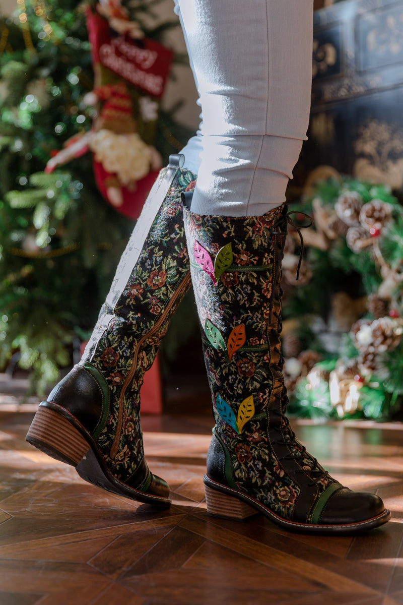 Soffia | Patchwork Applique Leather Canvas Boot