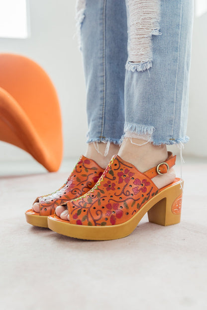 Soffia | Orange Embossed Perforated Leather Sandal