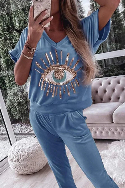 Sequin Pattern V Neck Short Sleeve Top With Pocketed Pants Set