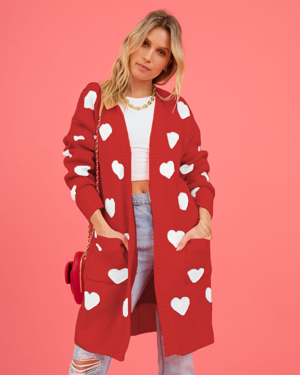Listen to Your Heart Knit Open Front Cardigan - Red