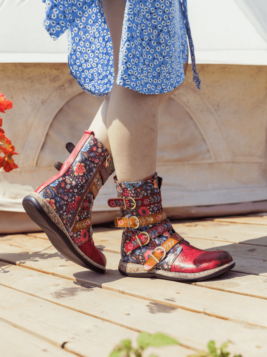 Soffia | Daisy Printed Straps Leather Ankle Boot