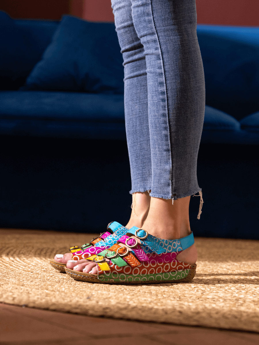 Soffia | Rainbow Strap Bubble Pattern Leather Sandal