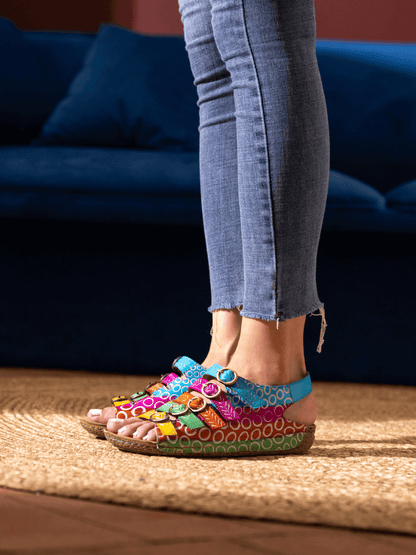 Soffia | Rainbow Strap Bubble Pattern Leather Sandal