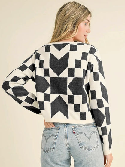Geometric Print Lace-up Cardigan Sweater