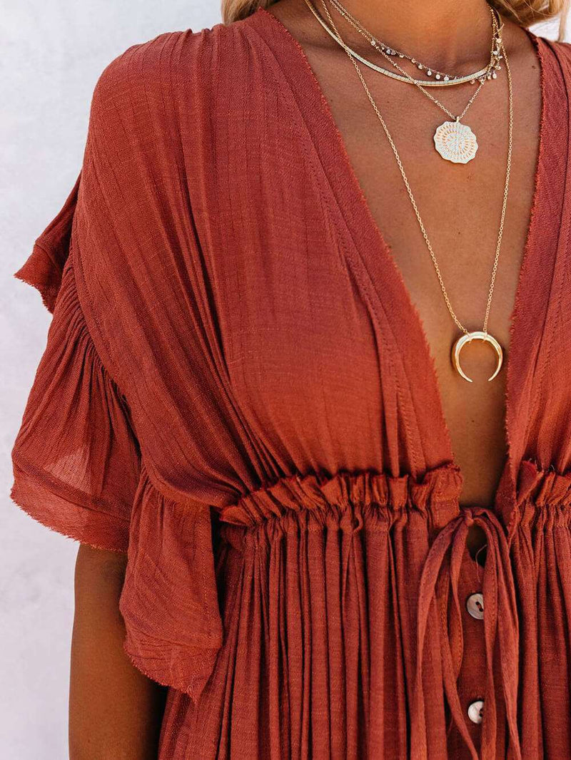 Button Cotton Linen Perfect Beach Maxi Dress