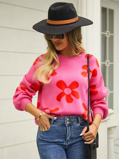 Fall Mega Daisy Pullover Sweater - Pink