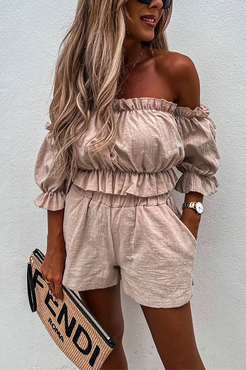 Moxidress Ruffle Off Shoulder Short Sleeves Crop Top Elastic Waist Shorts Set