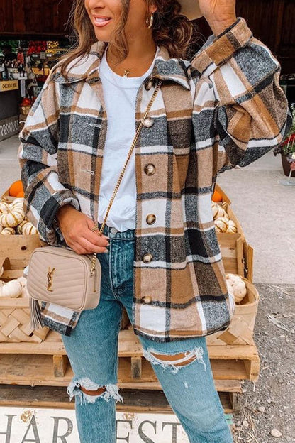 Moxidress Drop Shoulder Button Up Plaid Shirt Coat