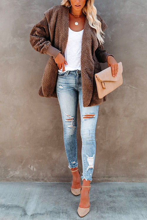 Open Front Hoodied Fuzzy Outwear With Pockets