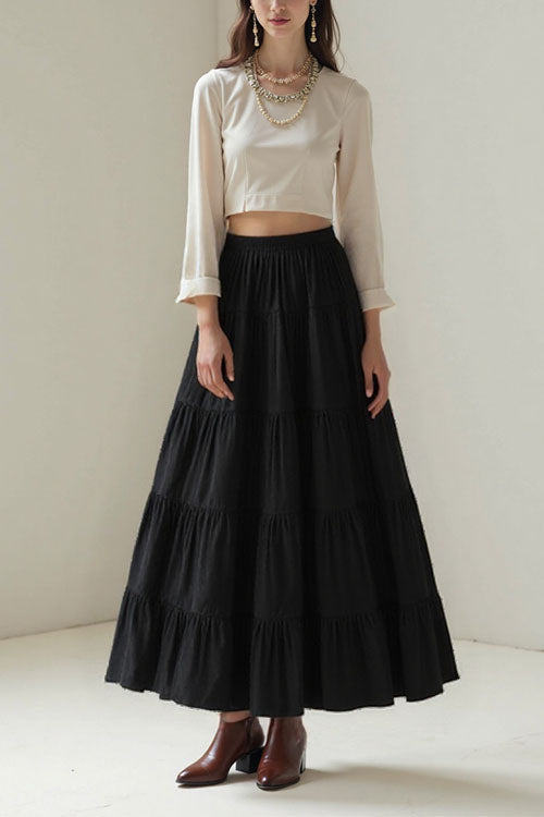 Moxidress Smocked Elastic Waist Ruffle Tiered Maxi Skirt