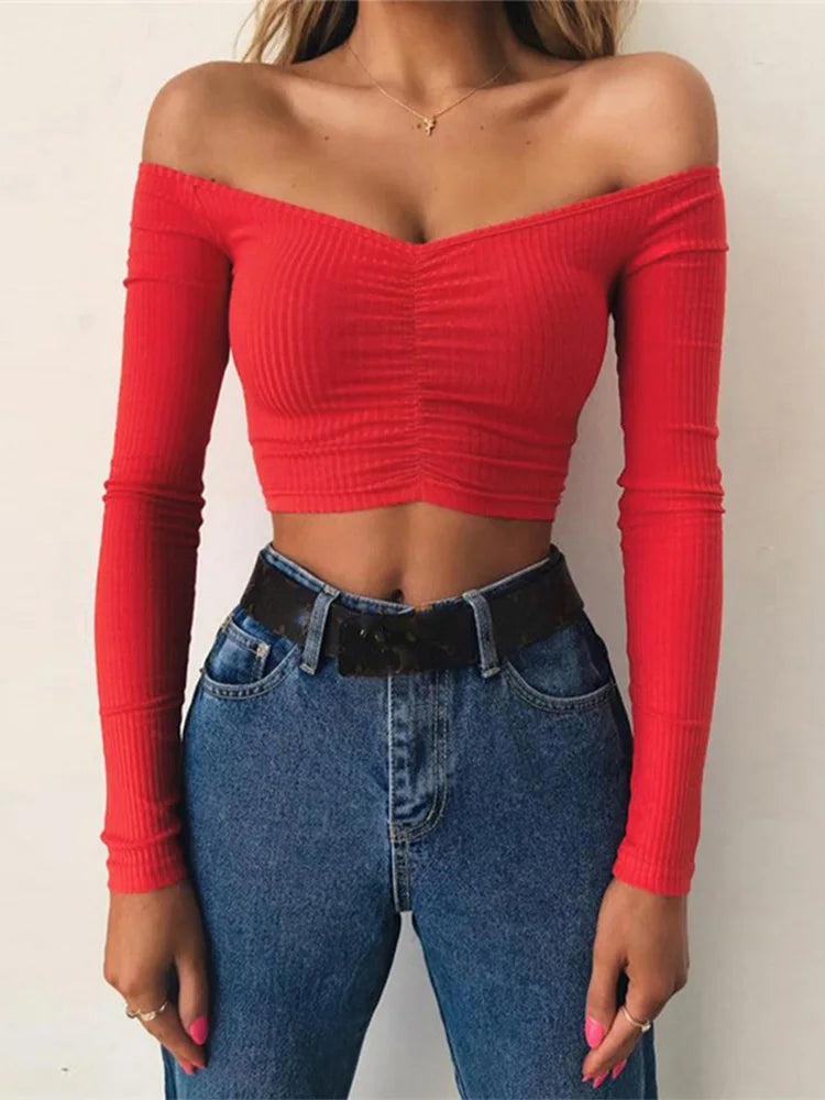 T-shirts and Club Female T-shirt Long Sleeve Off Shoulder Color Lady Tshirt Autumn Basic Tees