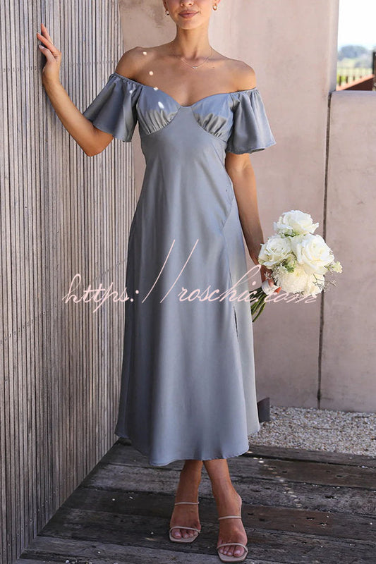 Pure Love Satin Butterfly Sleeve Slit Midi Dress