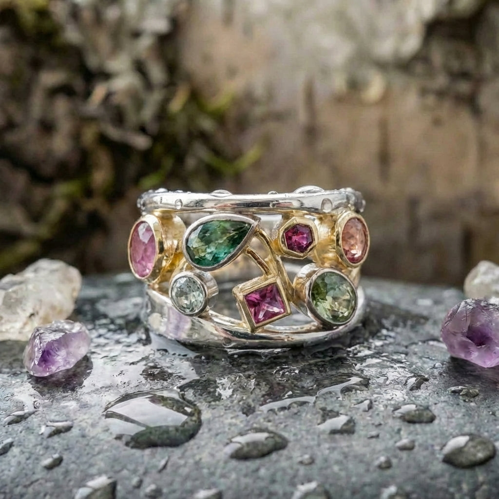 An Vintage Colorful Glass Gold & Silver Ring