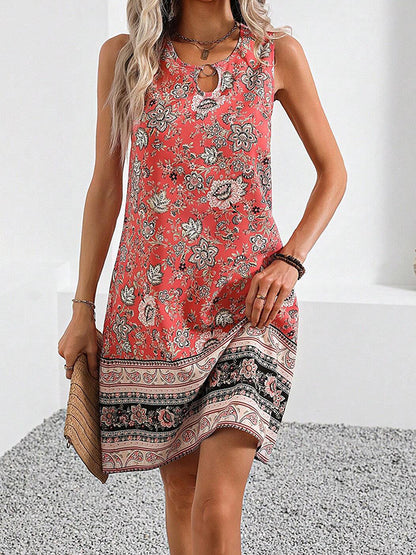 A-line Loose Flower Print Hollow U-neck Mini Dresses