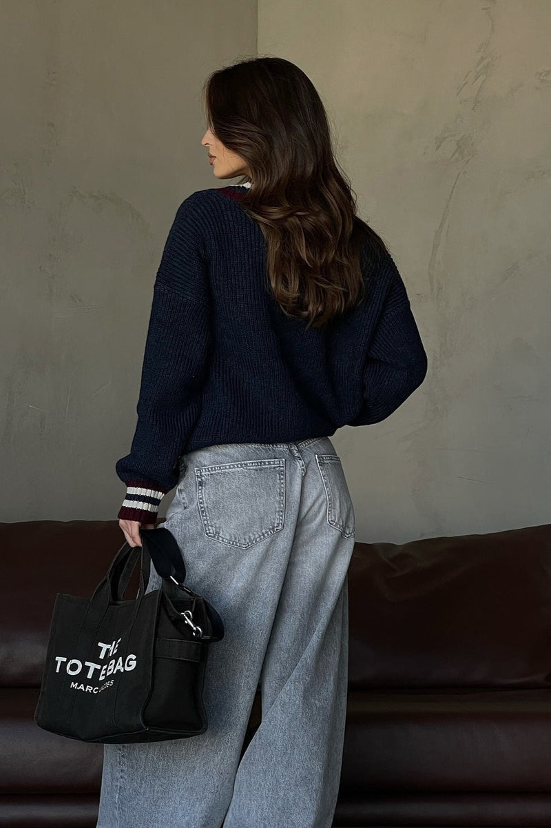 Striped Color Block V-neck Loose Knit Sweater