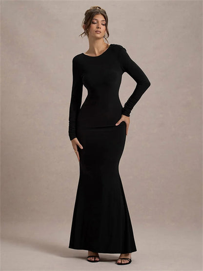 Black Tee Bow Backless Long Dress ’s High Waist Party Dress Gown Female Autumn Maxi Dress