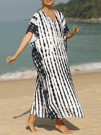 Loose Short Sleeves Printed Split-side Sun Protection V-neck Maxi Dresses
