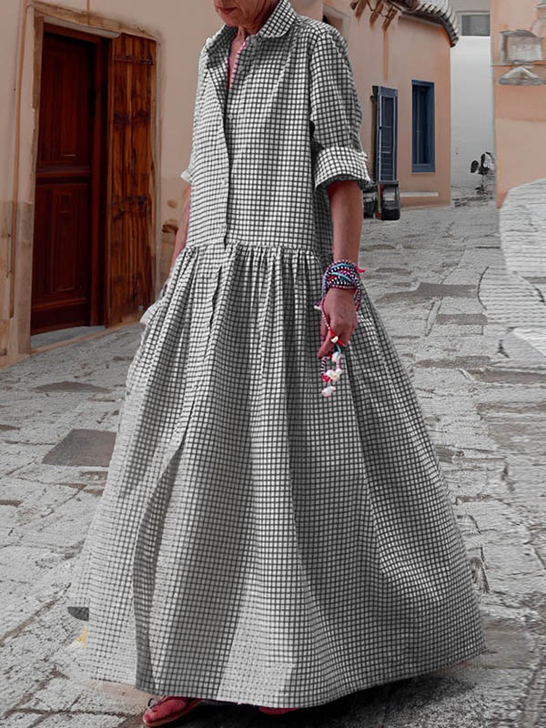 Long Sleeves Loose Buttoned Plaid Pleated Split-joint Lapel Maxi Dresses