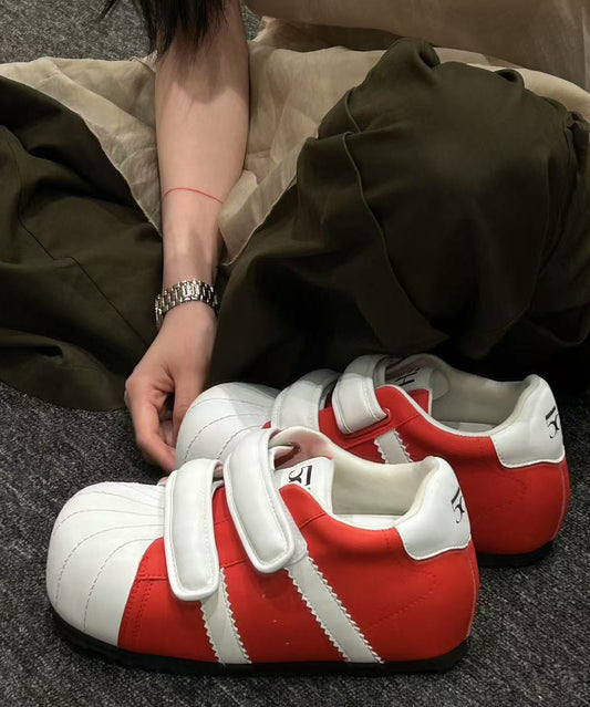 Red Flat Shoes Splicing Cowhide Leather Buckle Strap