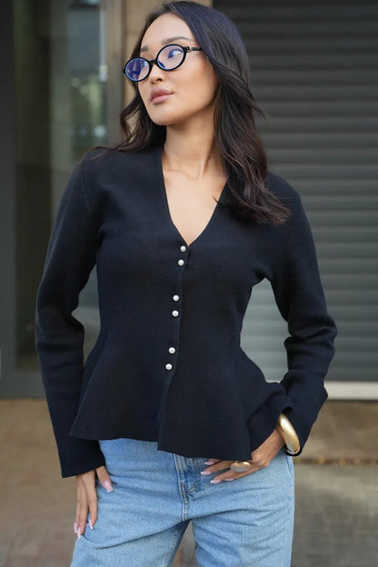 Fitted Ruffled Hem Long Sleeve Knit Cardigan