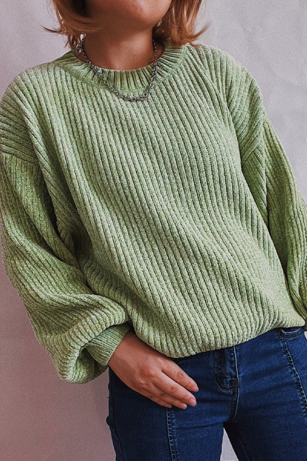 Color Round Neck Lantern Sleeve Short Knitted Sweater
