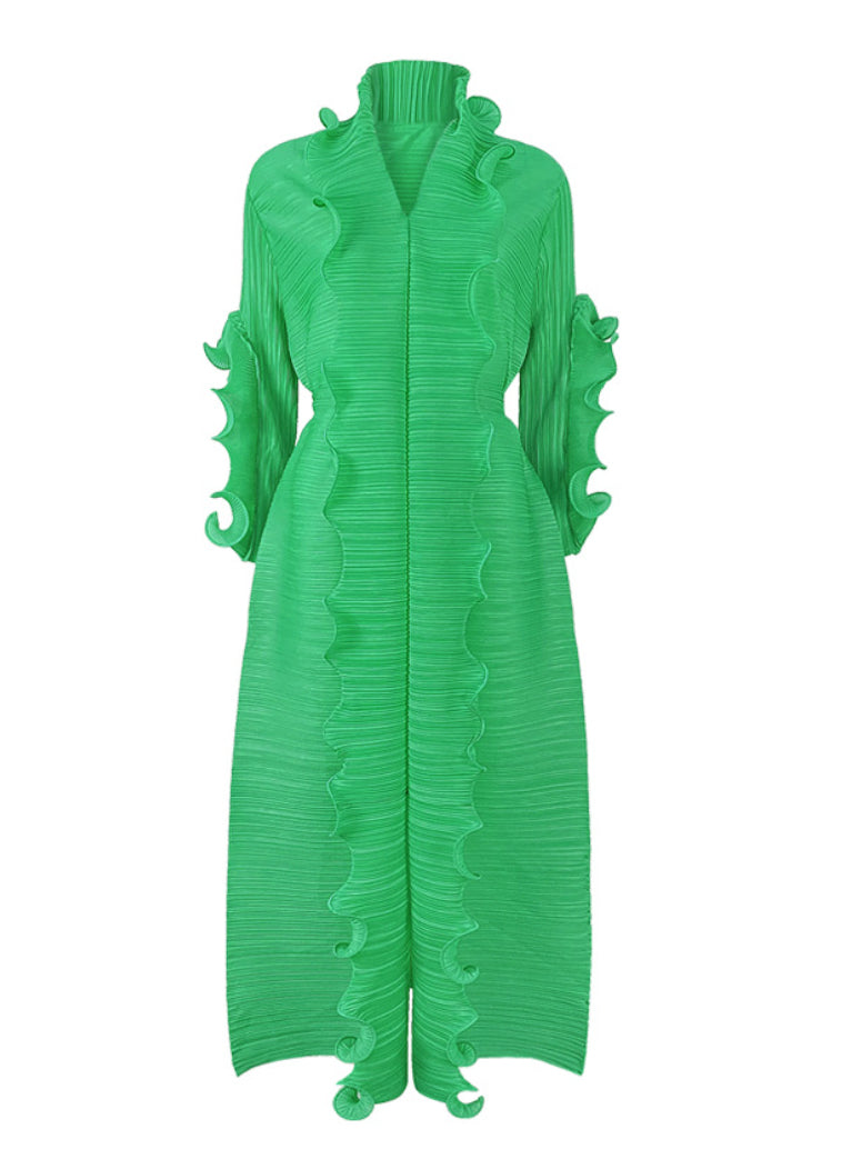 Original Loose Long Sleeves Tied Pleated Falbala Color V-neck Maxi Dresses