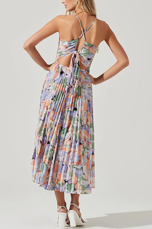 Wedding Party Season Print Pleated Back Tie-up Midi Dress