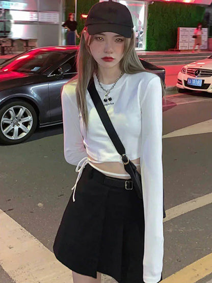 Long Sleeve T-shirts Design Crop Ins Prevalent Bandage Tops Harajuku Ulzzang Street Spring Female Ropa Hot Skinny New