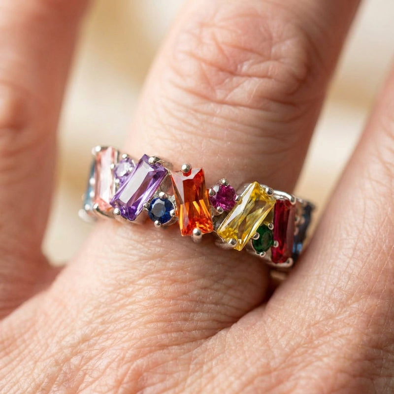An Elegant Rainbow Baguette Eternity Band Ring